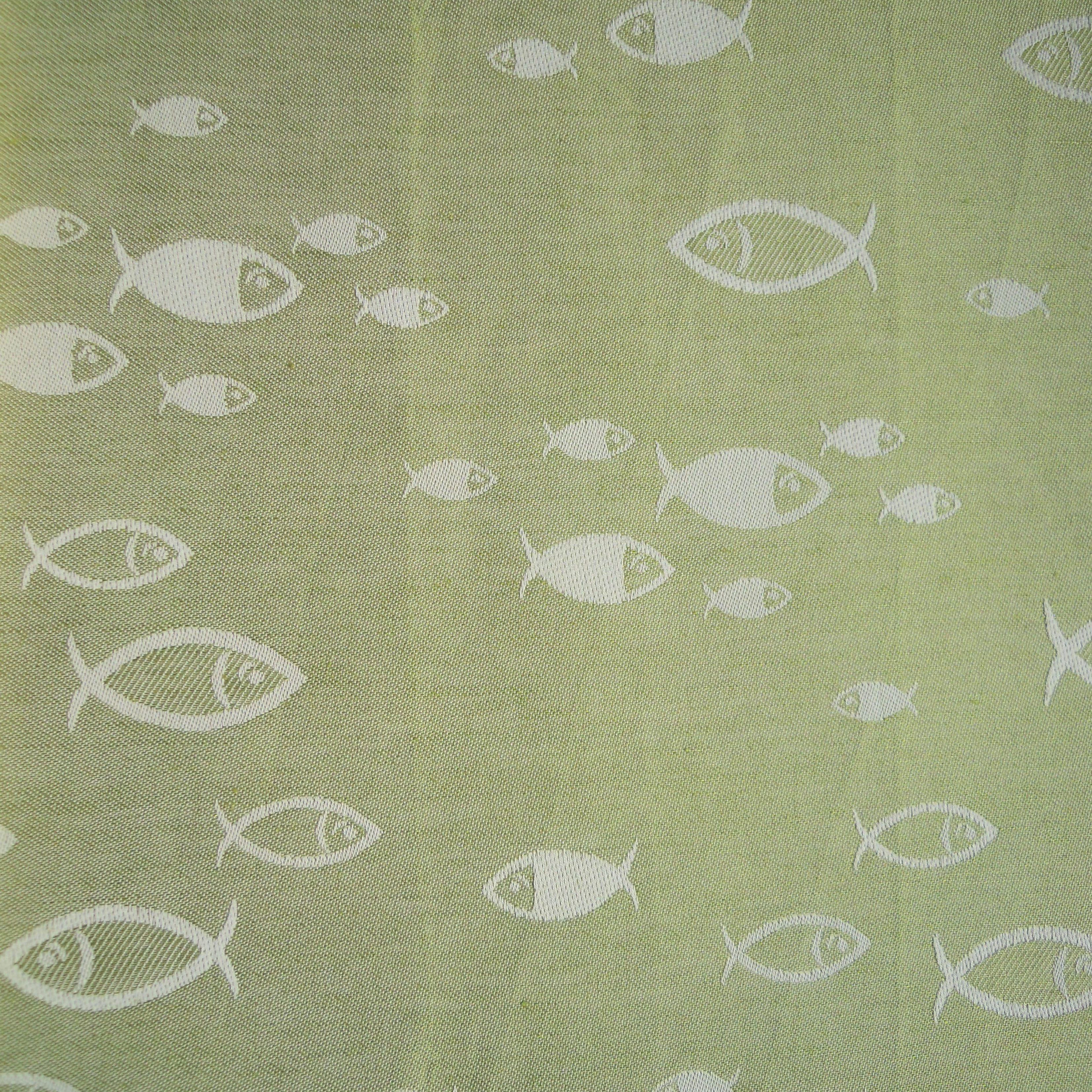 Runner da tavola, tessuto artigianalmente disegno con pesci, disponibile nella misura cm 250x45, colore verde muschio