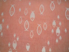 Tovagliolo, tessitura artigianale in misto lino/cotone, disegno con pesci di colore rosso, finitura a punto giorno, cm 40x40open stitch, grey color available in size cm 40x40.