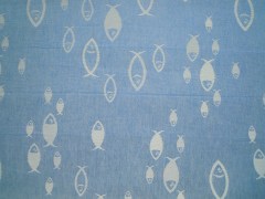 Runner da tavola, tessuto artigianalmente disegno con pesci, disponibile nella misura cm 150x45, colore blu