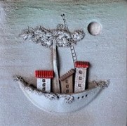 Quadro grande, pezzo unico artigianale in ceramica. Altezza 36 cm. Cornice bianca