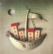 Quadro, pezzo unico artigianale in ceramica. Cornice bianca. Altezza 26 cm.